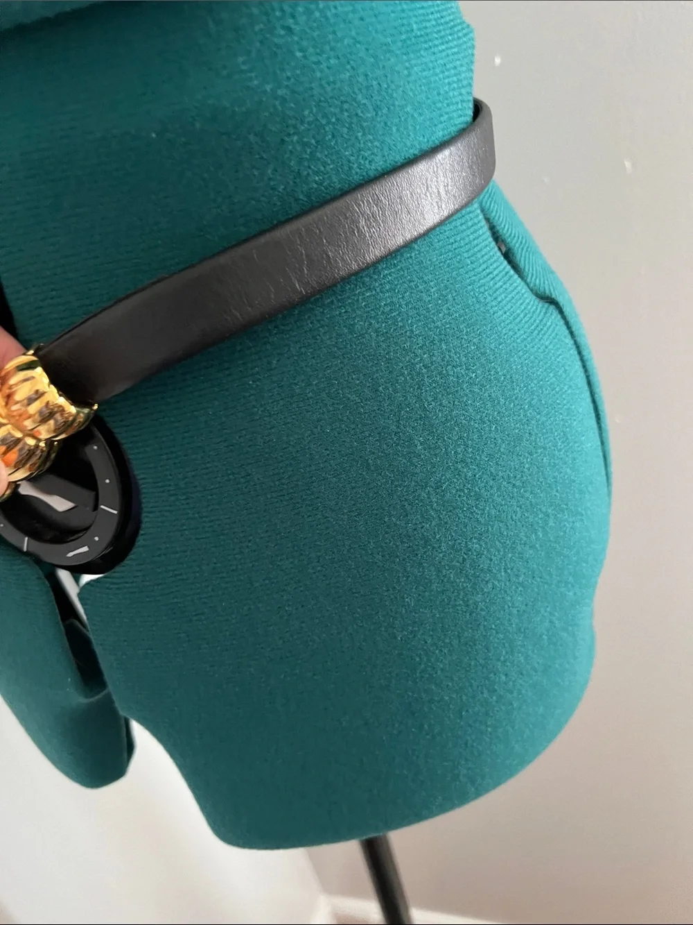 St. John Black Leather Belt with Gold Ribbed Centerpiece